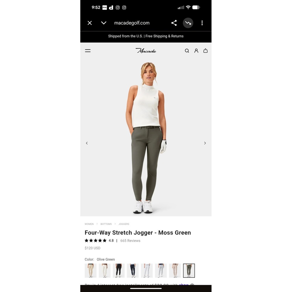 Macade Golf Four-Way Stretch Jogger Moss Green Slim Fit Ankle Zip Pants Women 30